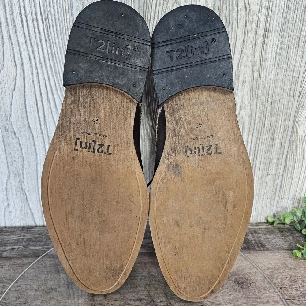 T2[in] Leather Oxford Dress Shoes Men's 45 Engraved‎ Design Frayed Stitch Spain